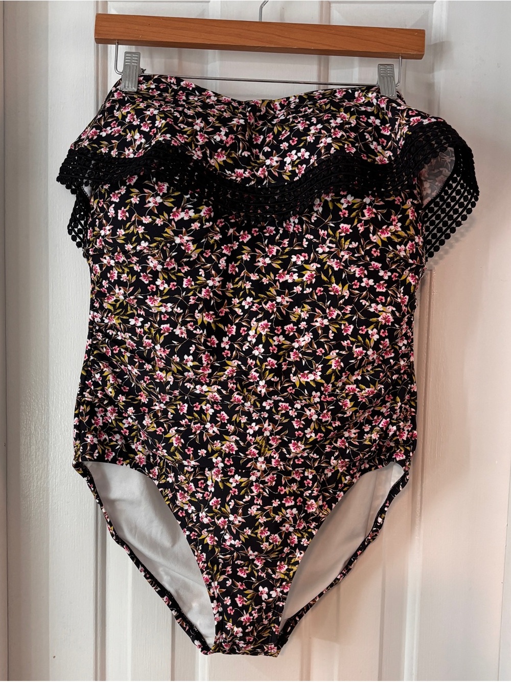 Kona Sol Black Floral One-Piece Swimsuit with Pink and Green Accents